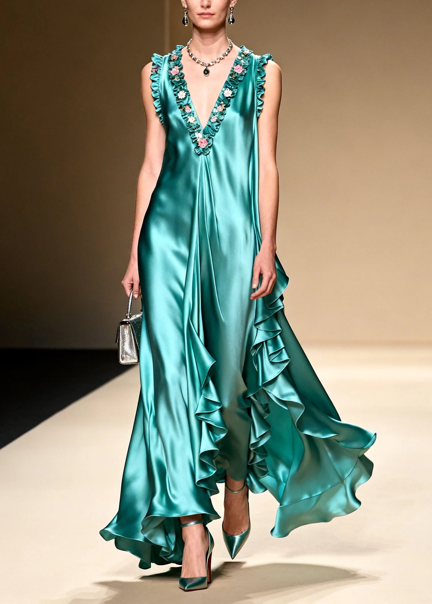 French Green Ruffled Asymmetrical Design Exra Large Hem Silk Holiday Dress Summer - Image 3