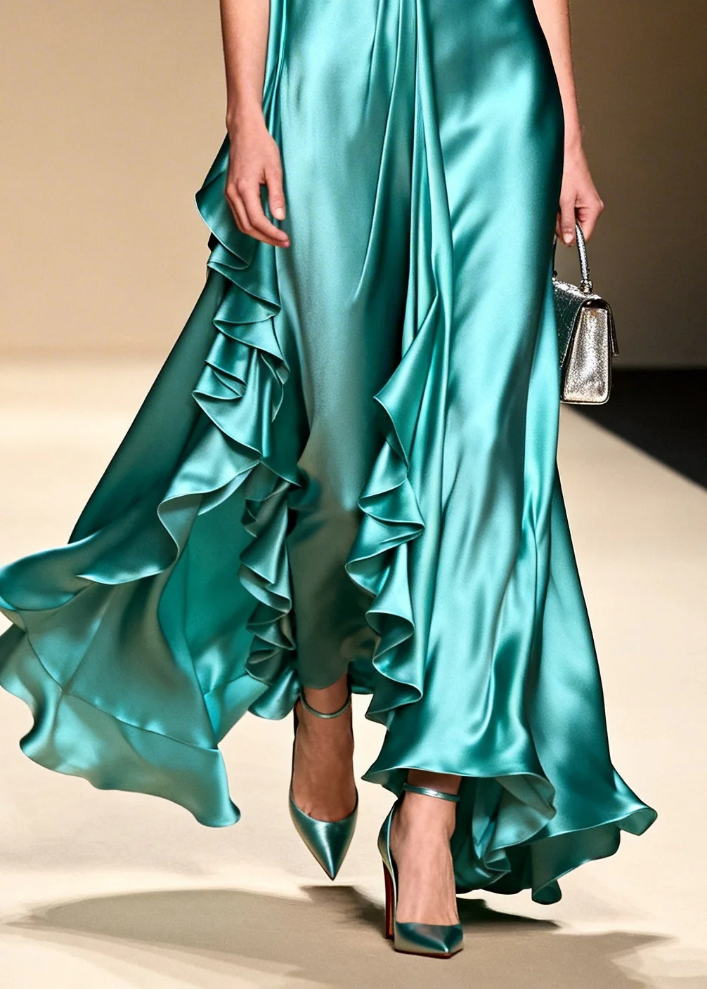 French Green Ruffled Asymmetrical Design Exra Large Hem Silk Holiday Dress Summer - Image 4