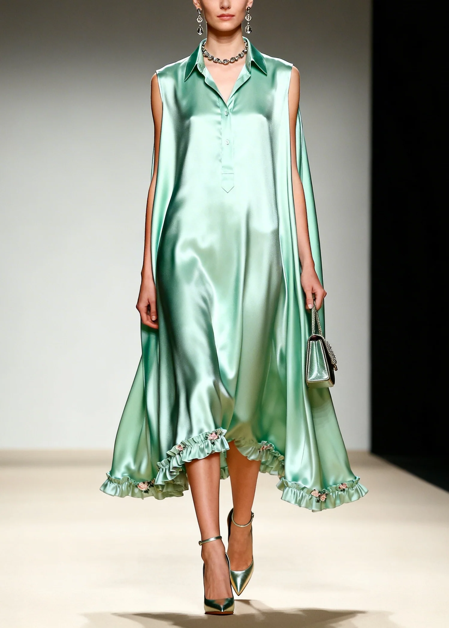 French Green Ruffled Oversized Draping Silk Holiday Dress Summer - Image 5