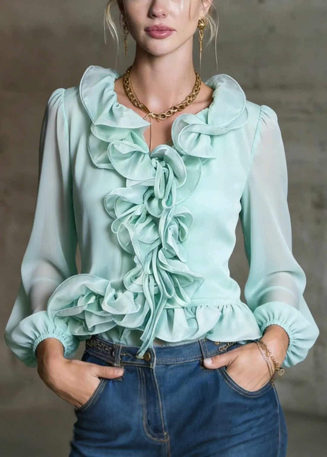 French Green Ruffled Patchwork Chiffon Blouses Spring - Image 3