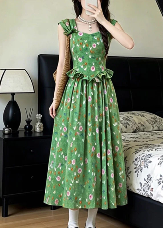 French Green Ruffled Patchwork Long Spaghetti Strap Dress Summer - Image 3