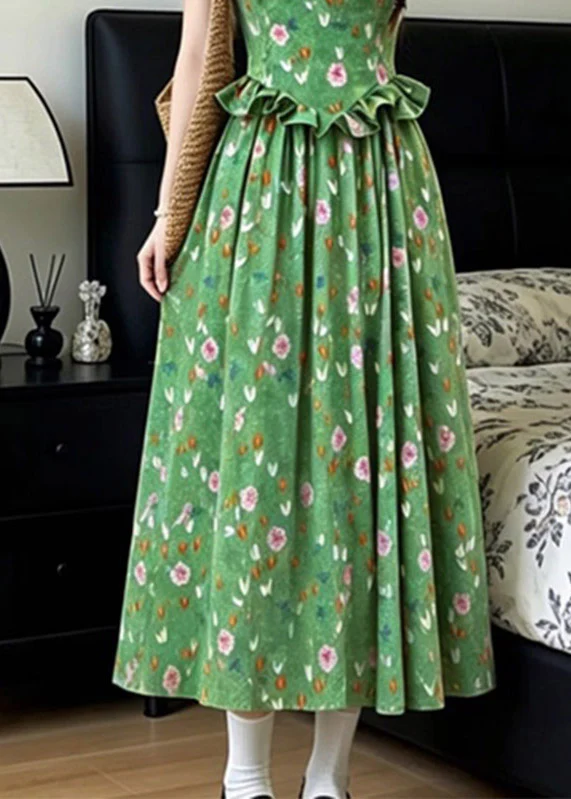 French Green Ruffled Patchwork Long Spaghetti Strap Dress Summer - Image 4