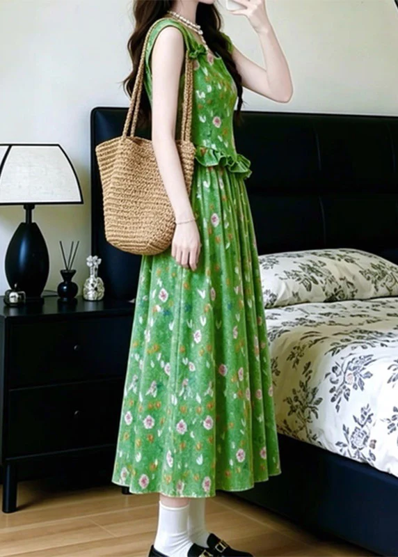 French Green Ruffled Patchwork Long Spaghetti Strap Dress Summer - Image 5