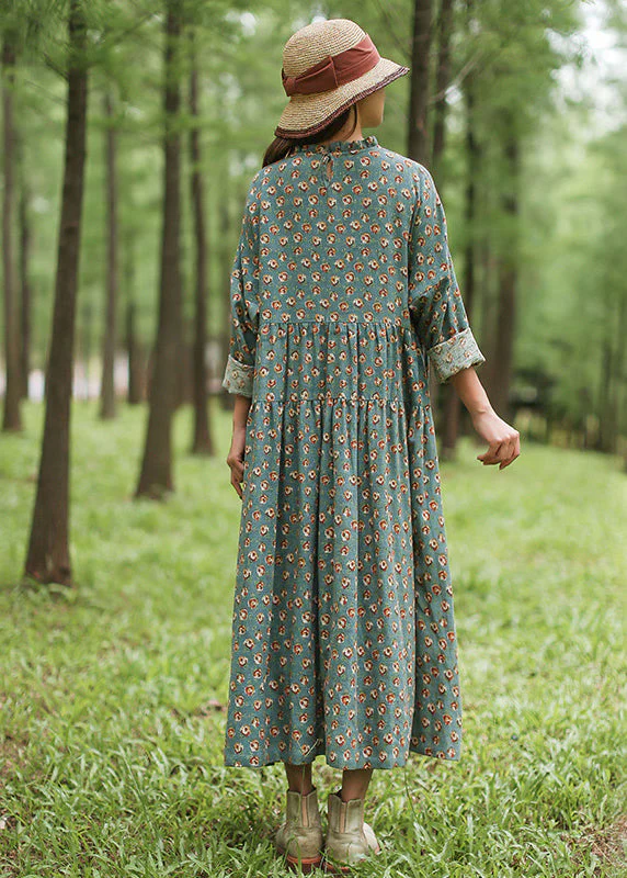 French Green Ruffled Print Maxi Dresses Spring - Image 3