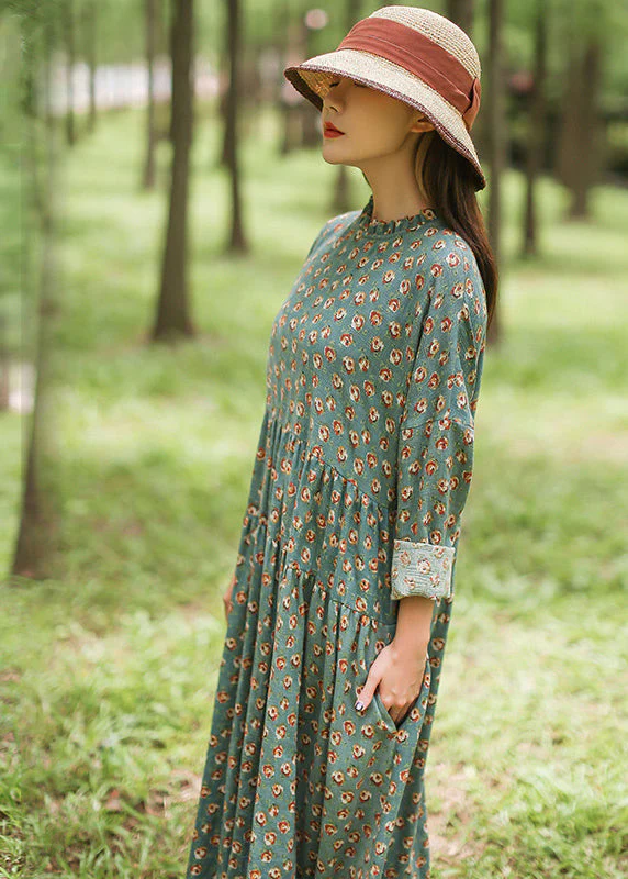 French Green Ruffled Print Maxi Dresses Spring - Image 4