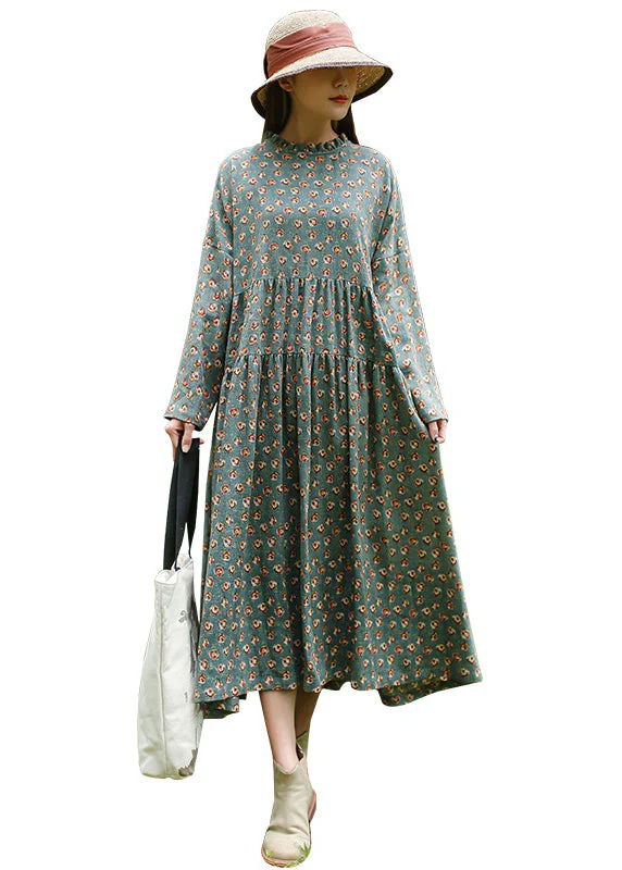 French Green Ruffled Print Maxi Dresses Spring - Image 5
