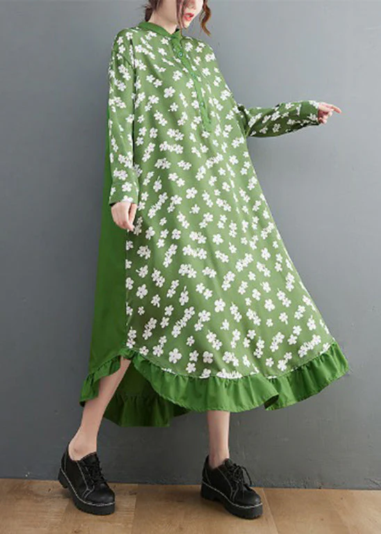 French Green Stand Collar button print Shirt Dress Long Sleeve - Image 2