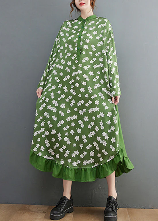 French Green Stand Collar button print Shirt Dress Long Sleeve - Image 3