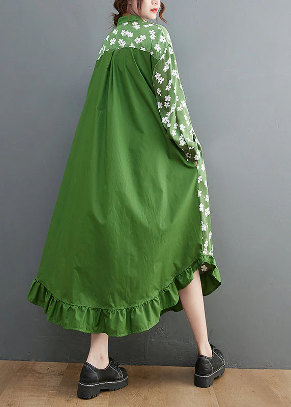 French Green Stand Collar button print Shirt Dress Long Sleeve - Image 4
