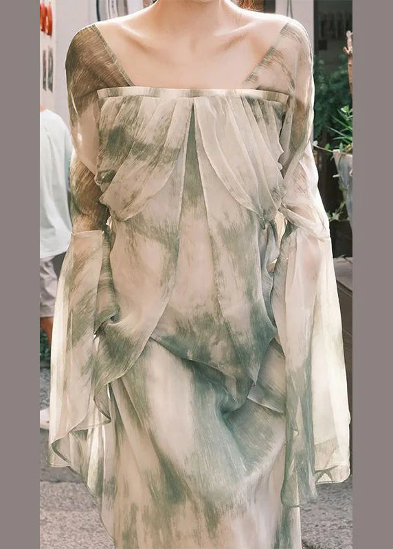 French Green Tie Dye Wrinkled Cotton Long Dresses Long Sleeve - Image 2