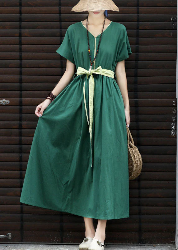 French Green Tie Waist Cinched Linen Holiday Dress Short Sleeve - Image 2