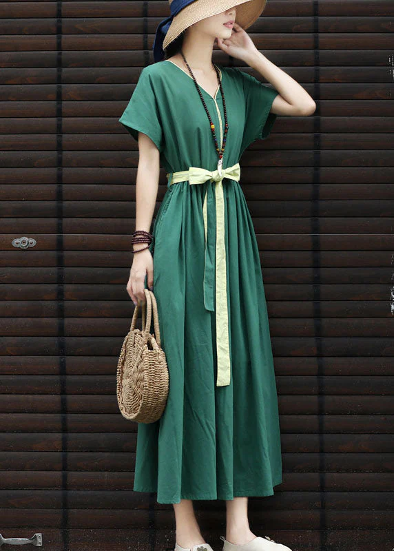 French Green Tie Waist Cinched Linen Holiday Dress Short Sleeve - Image 3
