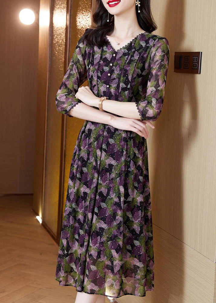 French Green V Neck Button Patchwork Print Chiffon Dresses Half Sleeve - Image 2