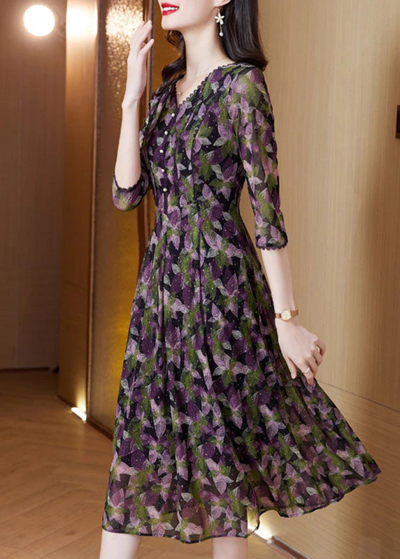 French Green V Neck Button Patchwork Print Chiffon Dresses Half Sleeve - Image 3