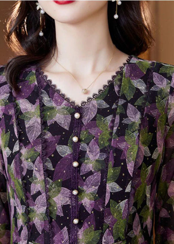 French Green V Neck Button Patchwork Print Chiffon Dresses Half Sleeve - Image 4