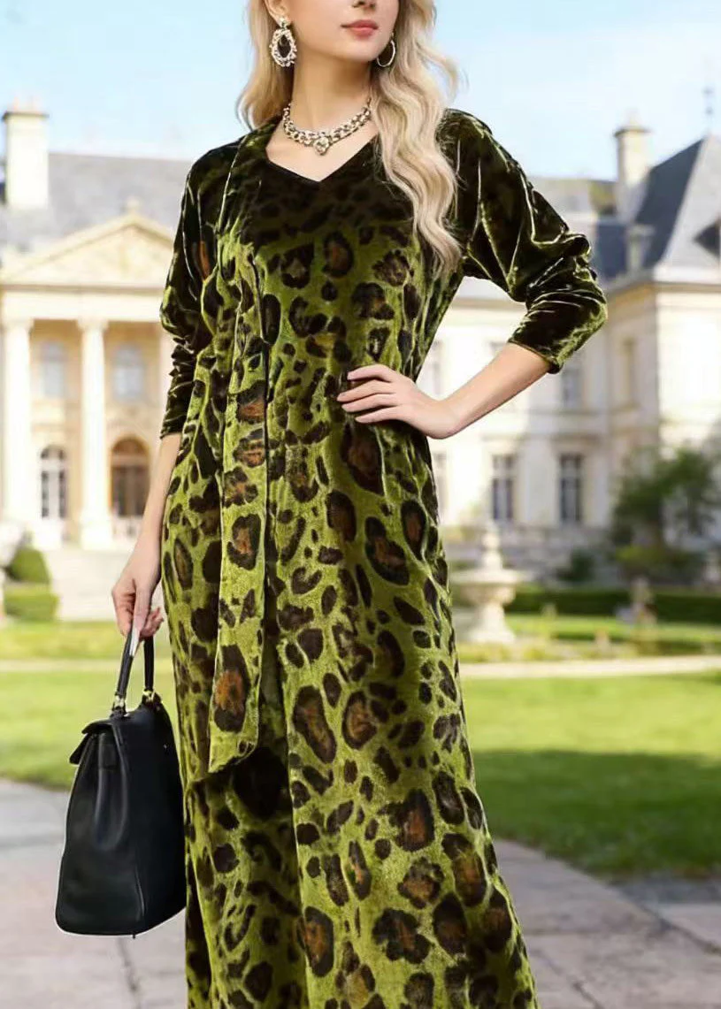French Green V Neck Leopard Print Velvet Dress Spring - Image 2