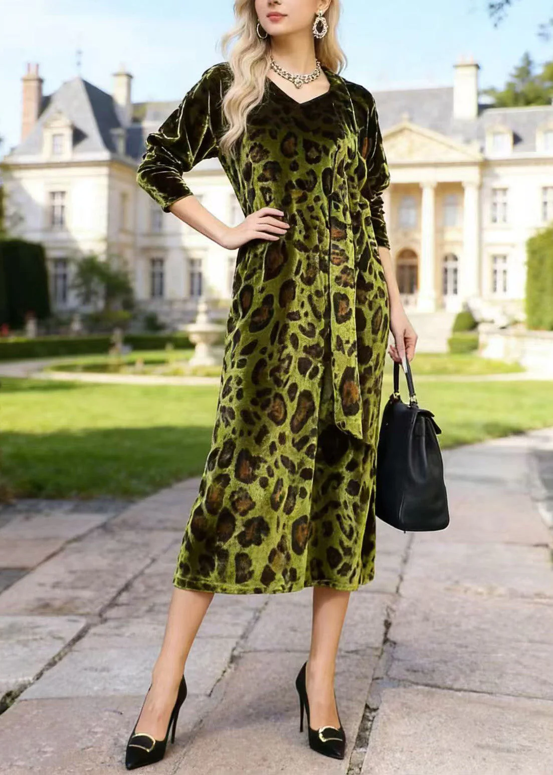 French Green V Neck Leopard Print Velvet Dress Spring - Image 3