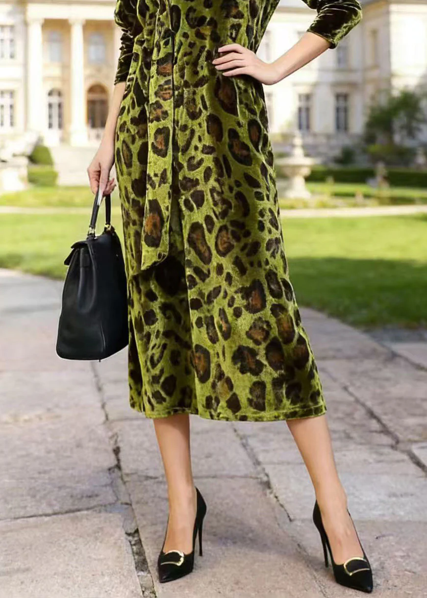 French Green V Neck Leopard Print Velvet Dress Spring - Image 4