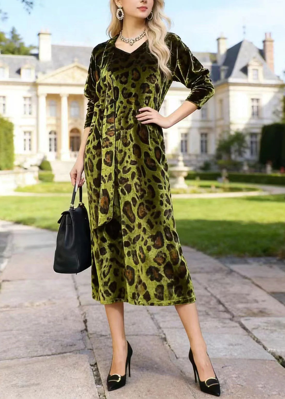 French Green V Neck Leopard Print Velvet Dress Spring - Image 5