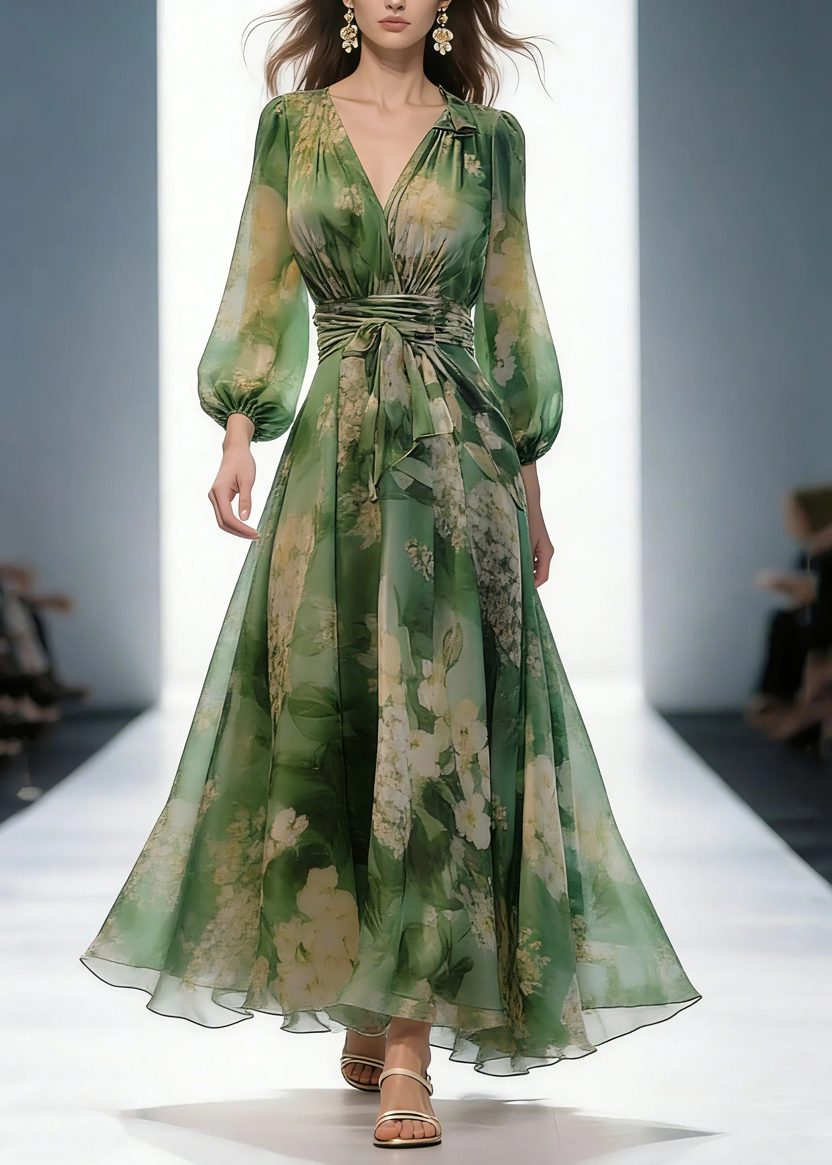 French Green V Neck Print High Waist Chiffon Dresses Long Sleeve - Image 3
