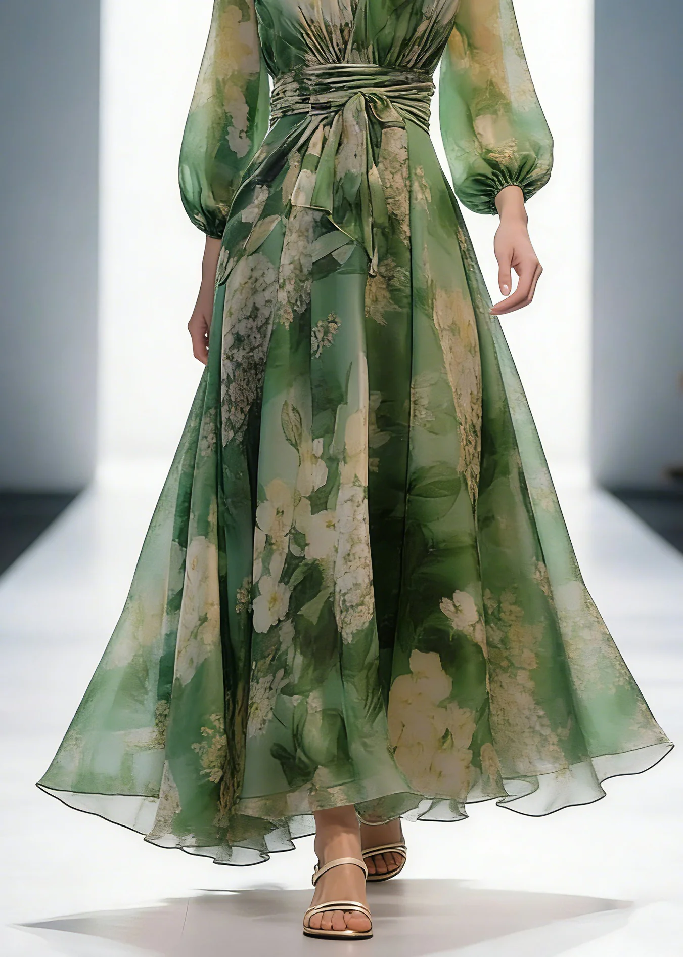 French Green V Neck Print High Waist Chiffon Dresses Long Sleeve - Image 4