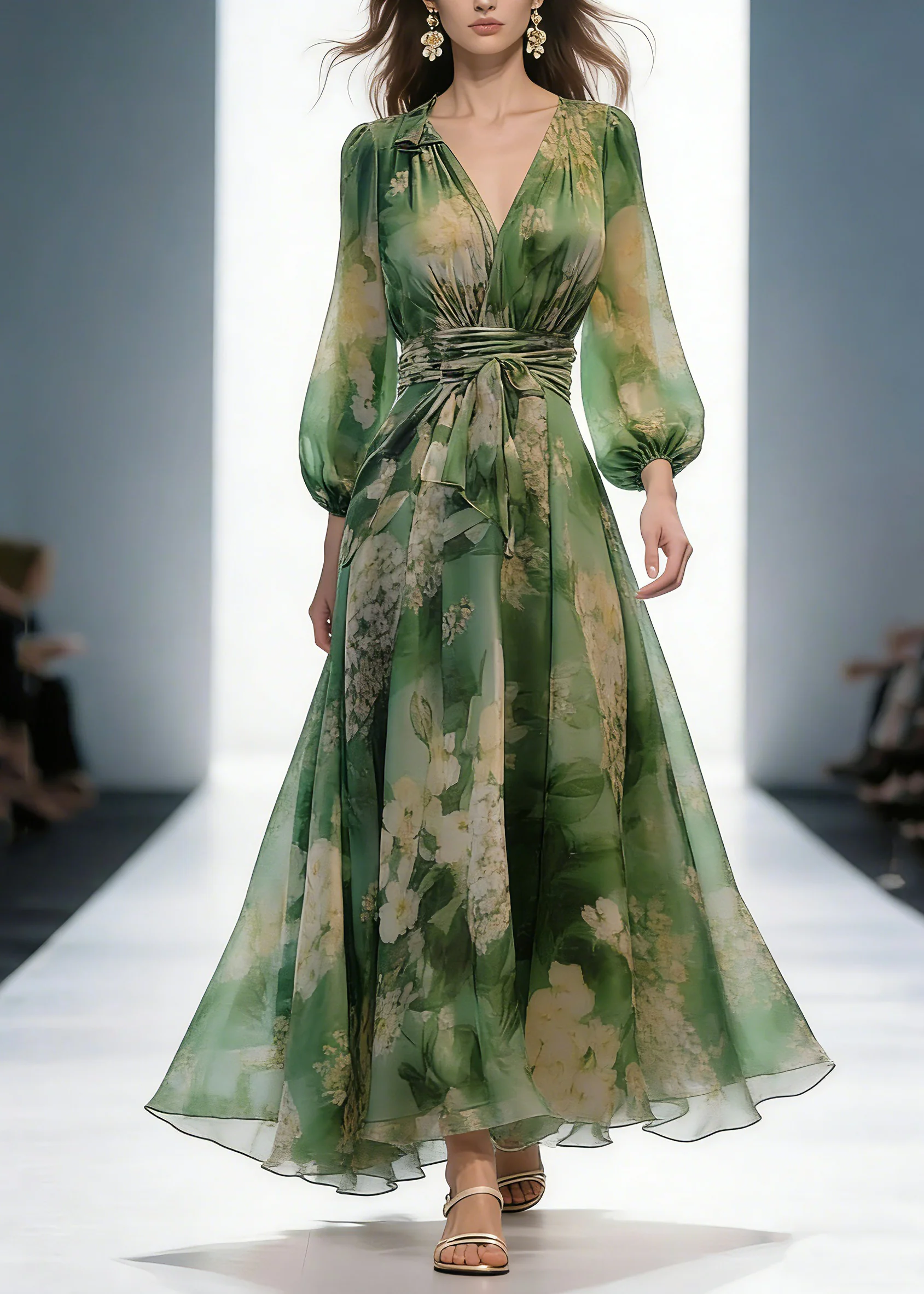 French Green V Neck Print High Waist Chiffon Dresses Long Sleeve - Image 5