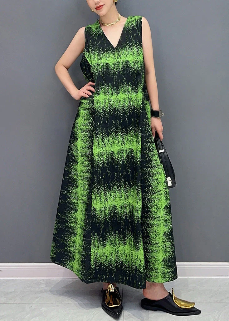 French Green V Neck Print Pockets Cotton Long Dress Sleeveless - Image 2