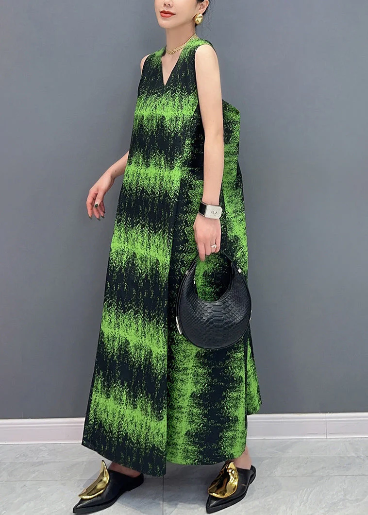French Green V Neck Print Pockets Cotton Long Dress Sleeveless - Image 3