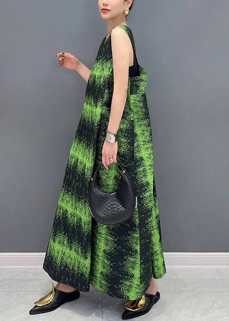 French Green V Neck Print Pockets Cotton Long Dress Sleeveless - Image 4