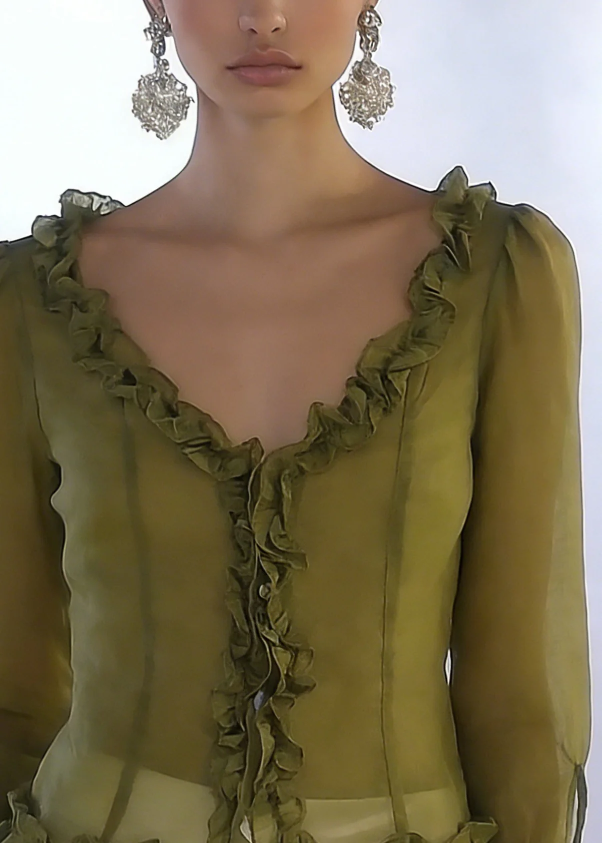 French Green V Neck Ruffled Lace Up Chiffon tops Spring - Image 2