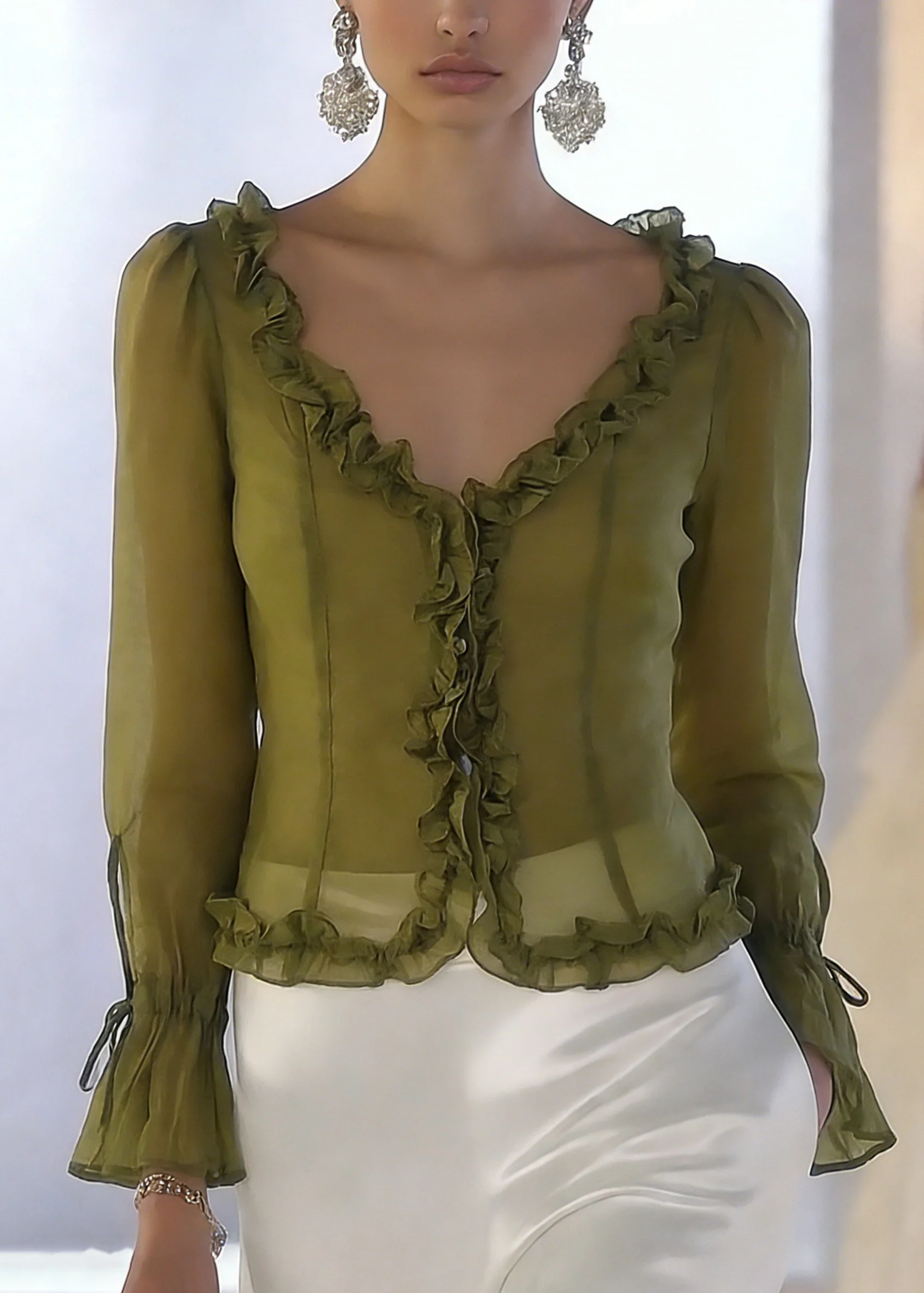 French Green V Neck Ruffled Lace Up Chiffon tops Spring - Image 3