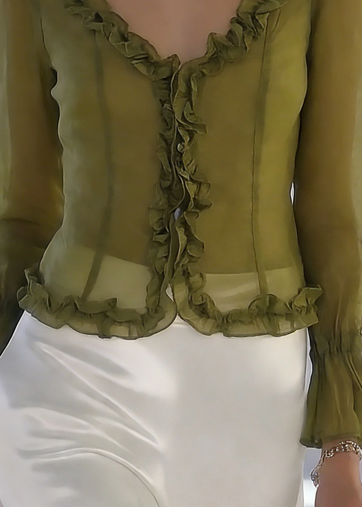 French Green V Neck Ruffled Lace Up Chiffon tops Spring - Image 4