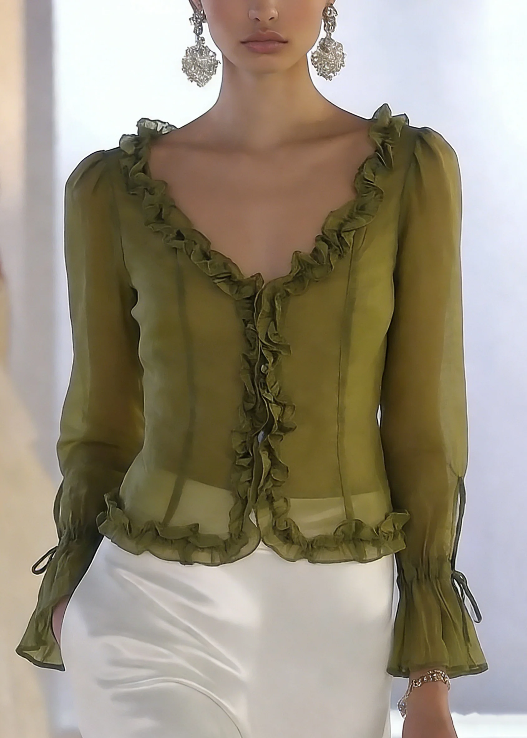 French Green V Neck Ruffled Lace Up Chiffon tops Spring - Image 5
