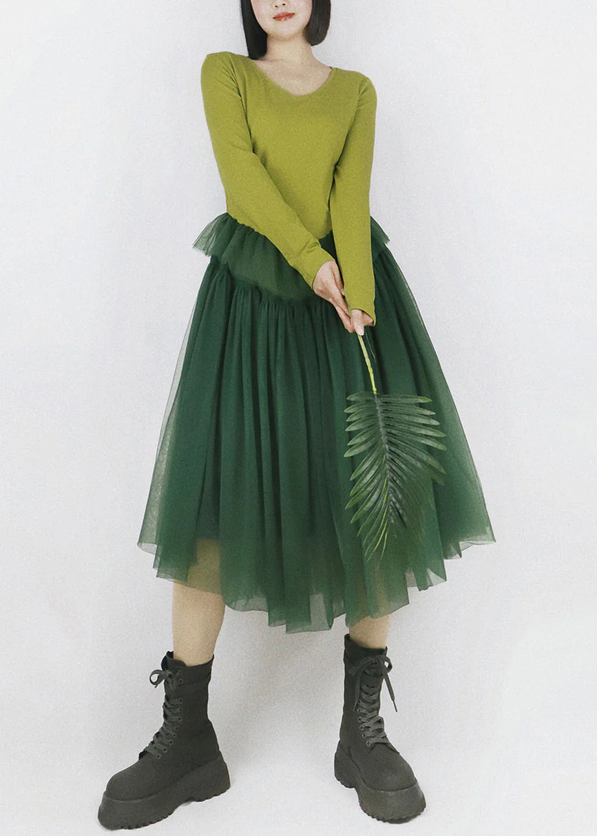 French Green V Neck Tulle Patchwork Cotton Dresses Fall - Image 4