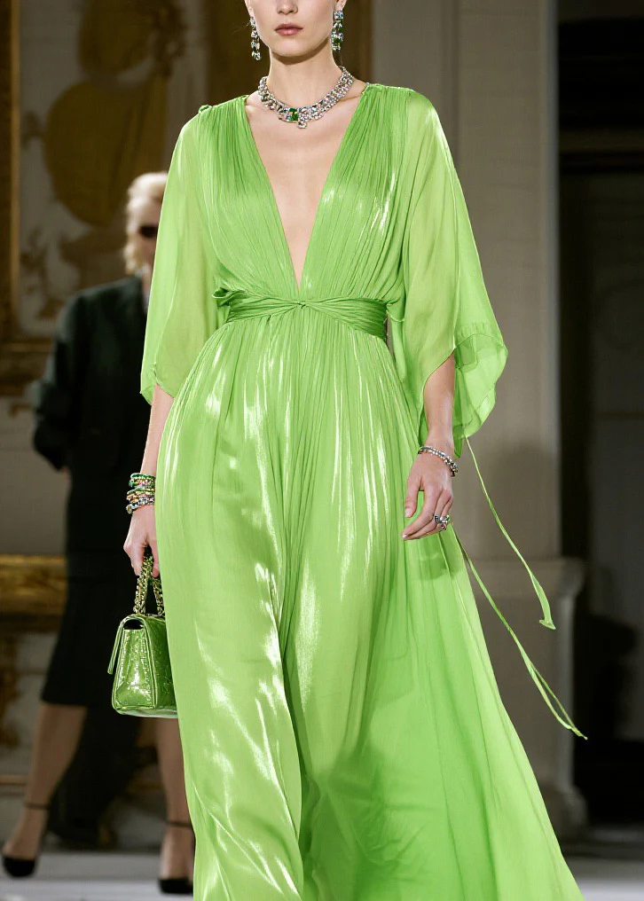 French Green V Neck Wrinkled Chiffon Dress Summer - Image 2