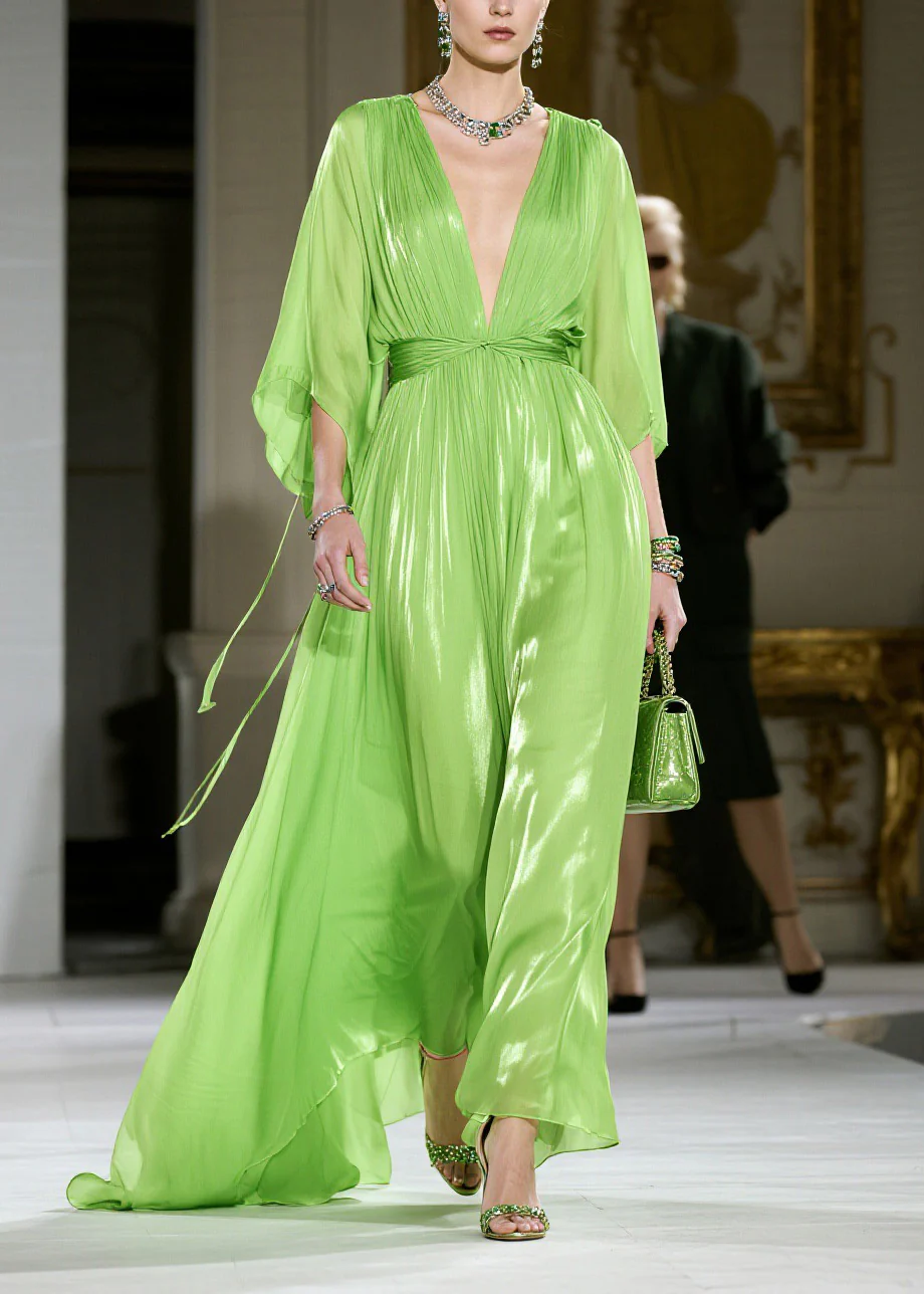 French Green V Neck Wrinkled Chiffon Dress Summer - Image 3