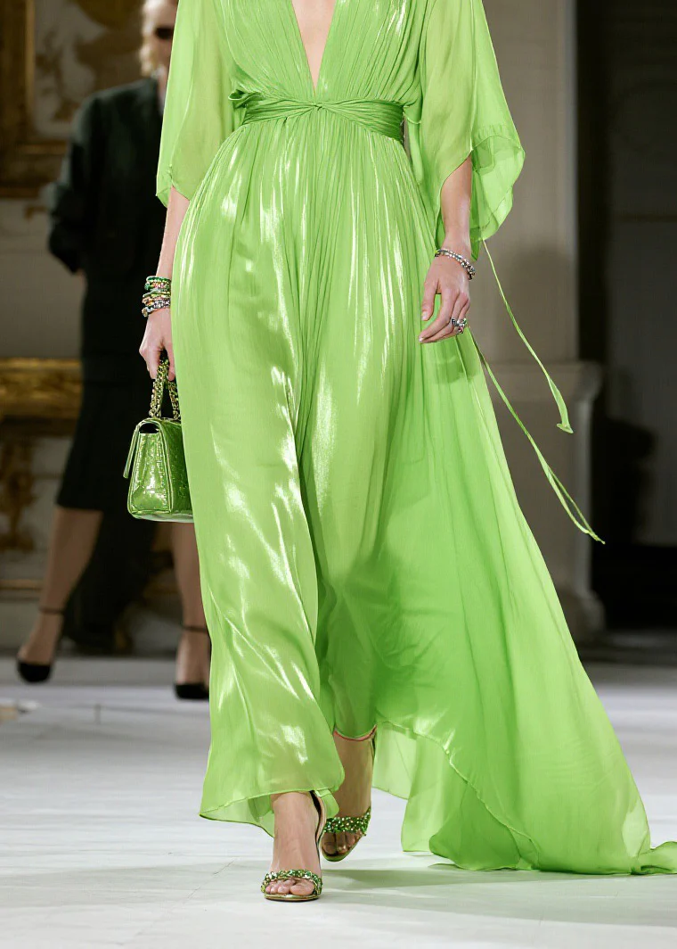 French Green V Neck Wrinkled Chiffon Dress Summer - Image 4