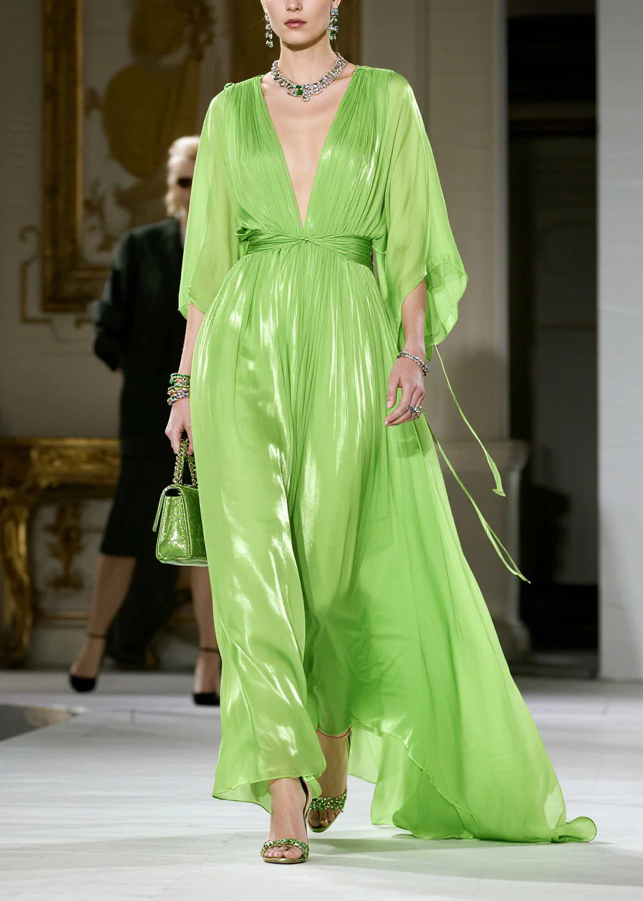 French Green V Neck Wrinkled Chiffon Dress Summer - Image 5