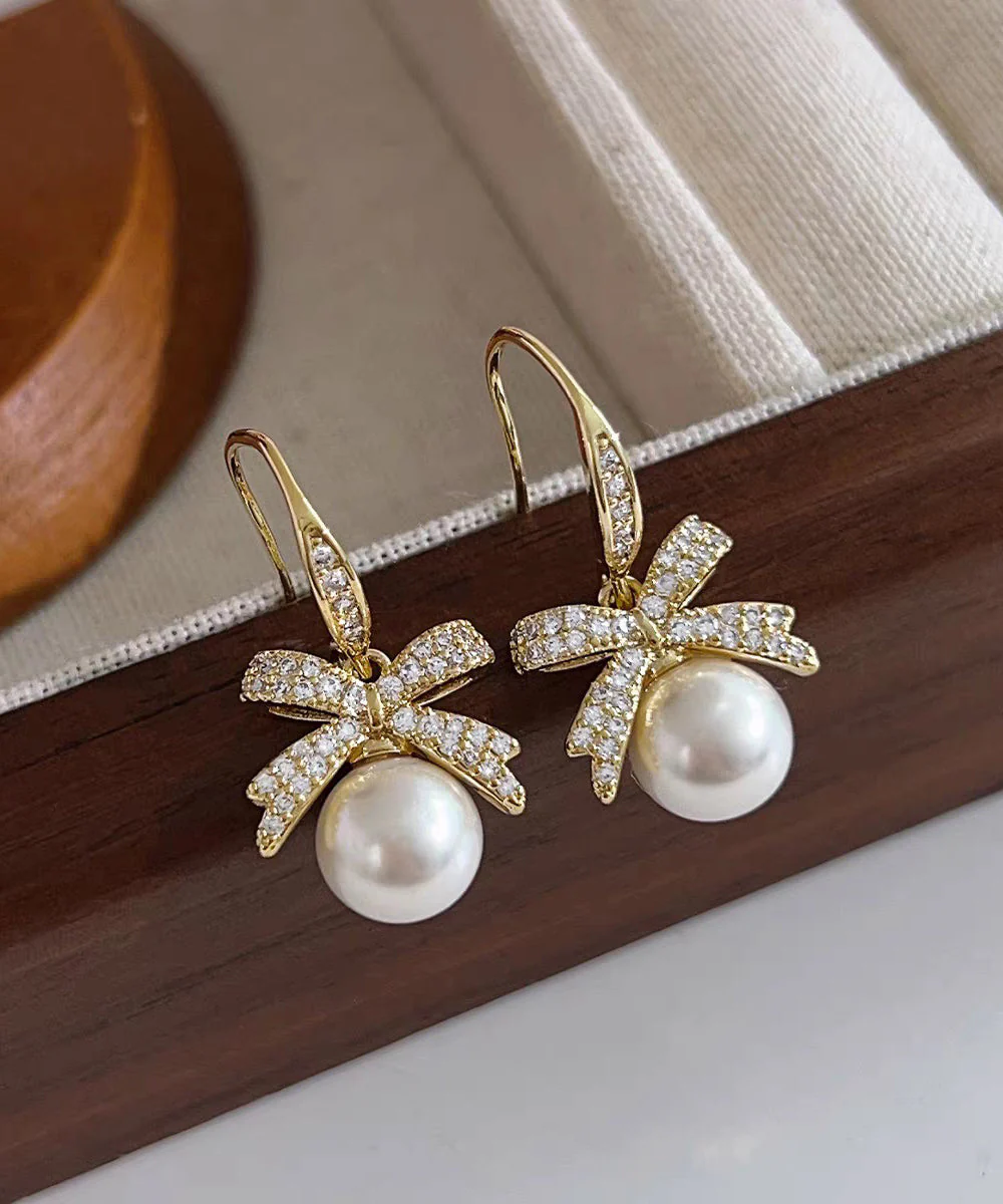 French Grey Alloy Zircon Pearl Bow Drop Earrings - Image 2