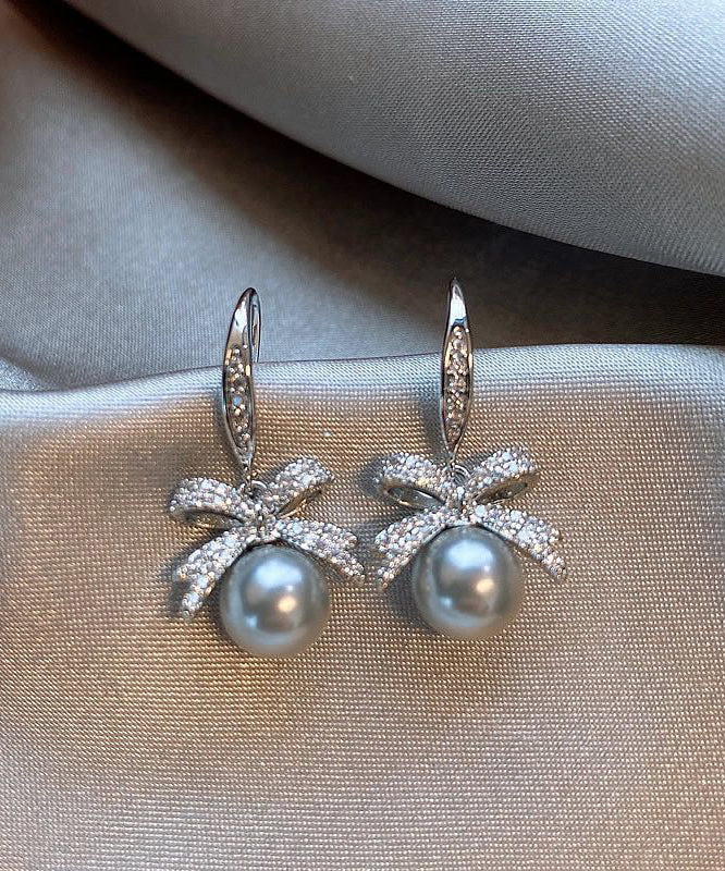 French Grey Alloy Zircon Pearl Bow Drop Earrings - Image 3