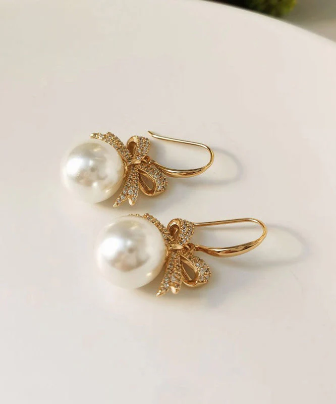 French Grey Alloy Zircon Pearl Bow Drop Earrings - Image 4
