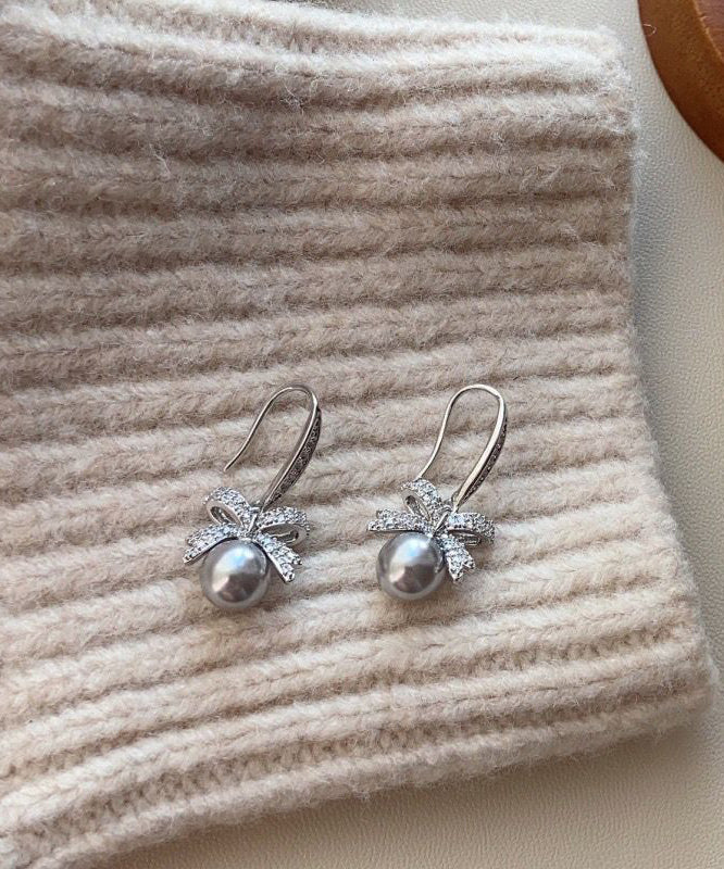 French Grey Alloy Zircon Pearl Bow Drop Earrings - Image 5