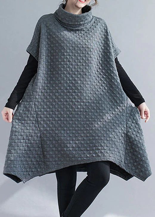 French Grey Asymmetrical Pockets Cotton Dresses Short Sleeve - Image 2
