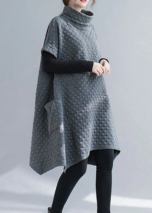 French Grey Asymmetrical Pockets Cotton Dresses Short Sleeve - Image 3