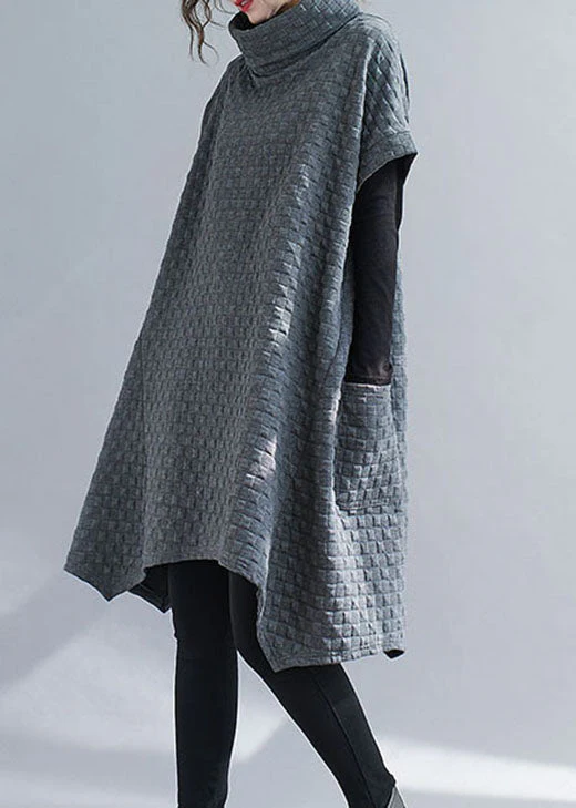 French Grey Asymmetrical Pockets Cotton Dresses Short Sleeve - Image 4