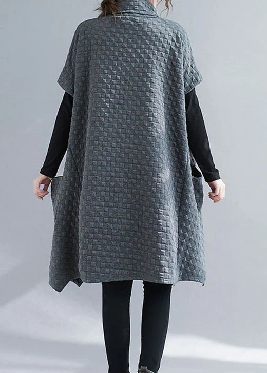 French Grey Asymmetrical Pockets Cotton Dresses Short Sleeve - Image 5