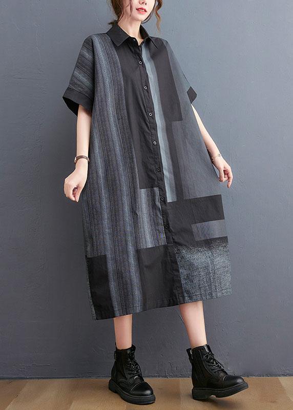 French Grey Black Peter Pan Collar Button Summer Half Sleeve Vacation Dress - Image 2