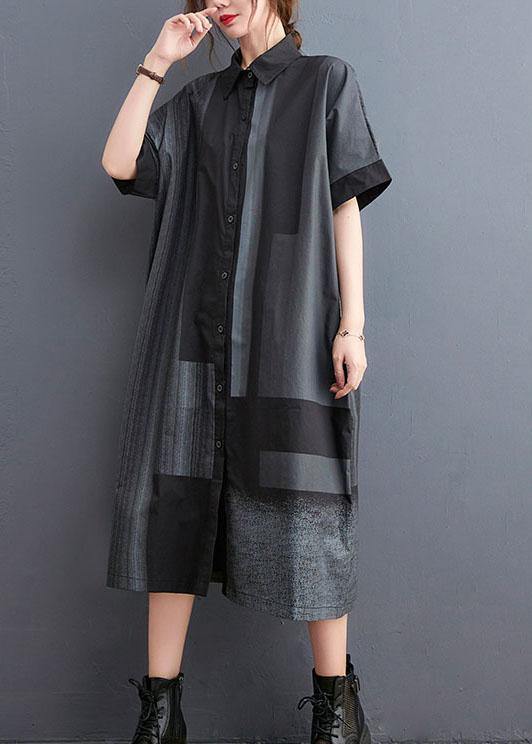 French Grey Black Peter Pan Collar Button Summer Half Sleeve Vacation Dress - Image 3