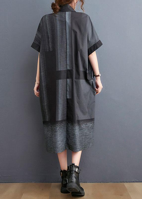 French Grey Black Peter Pan Collar Button Summer Half Sleeve Vacation Dress - Image 4