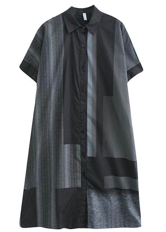 French Grey Black Peter Pan Collar Button Summer Half Sleeve Vacation Dress - Image 5